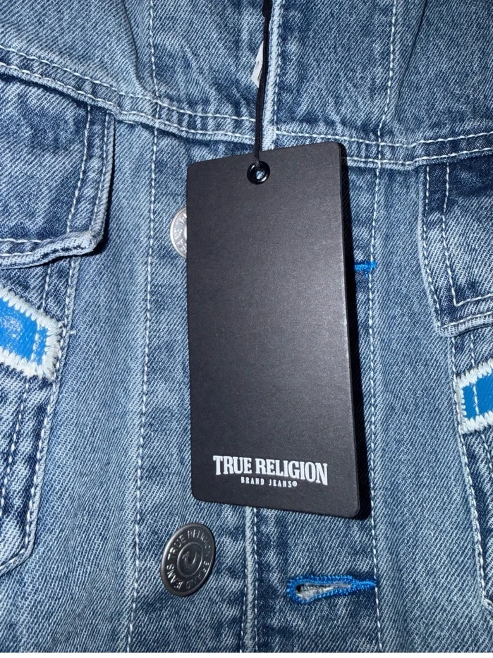 True Religion Blue Denim Jacket with Contrast Pocket Arcs